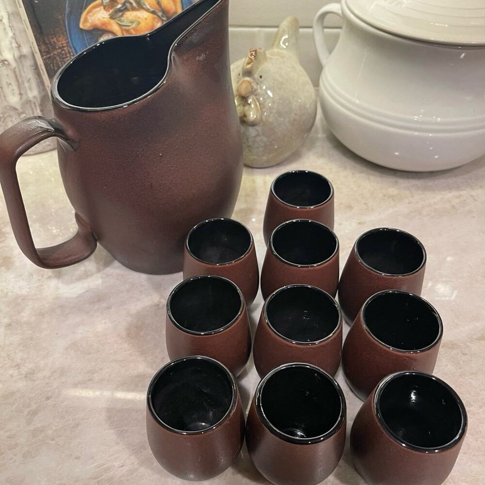 Cara Espana Sangria pottery pitcher and cups matte brown
